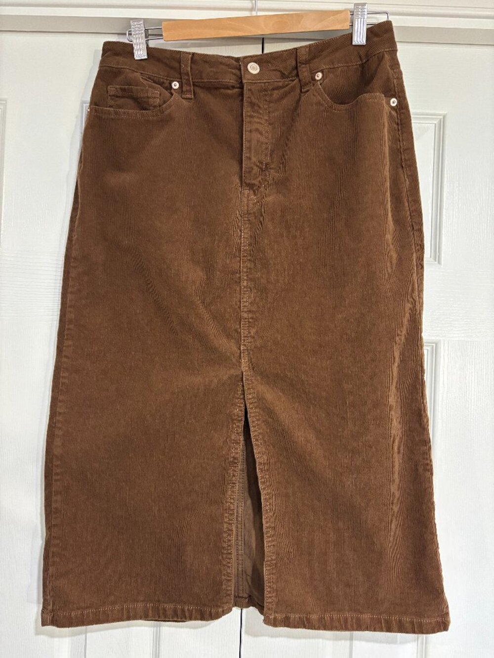 Time and Tru Brown Corduroy Midi Skirt with Front Slit Women's 8 Fall
